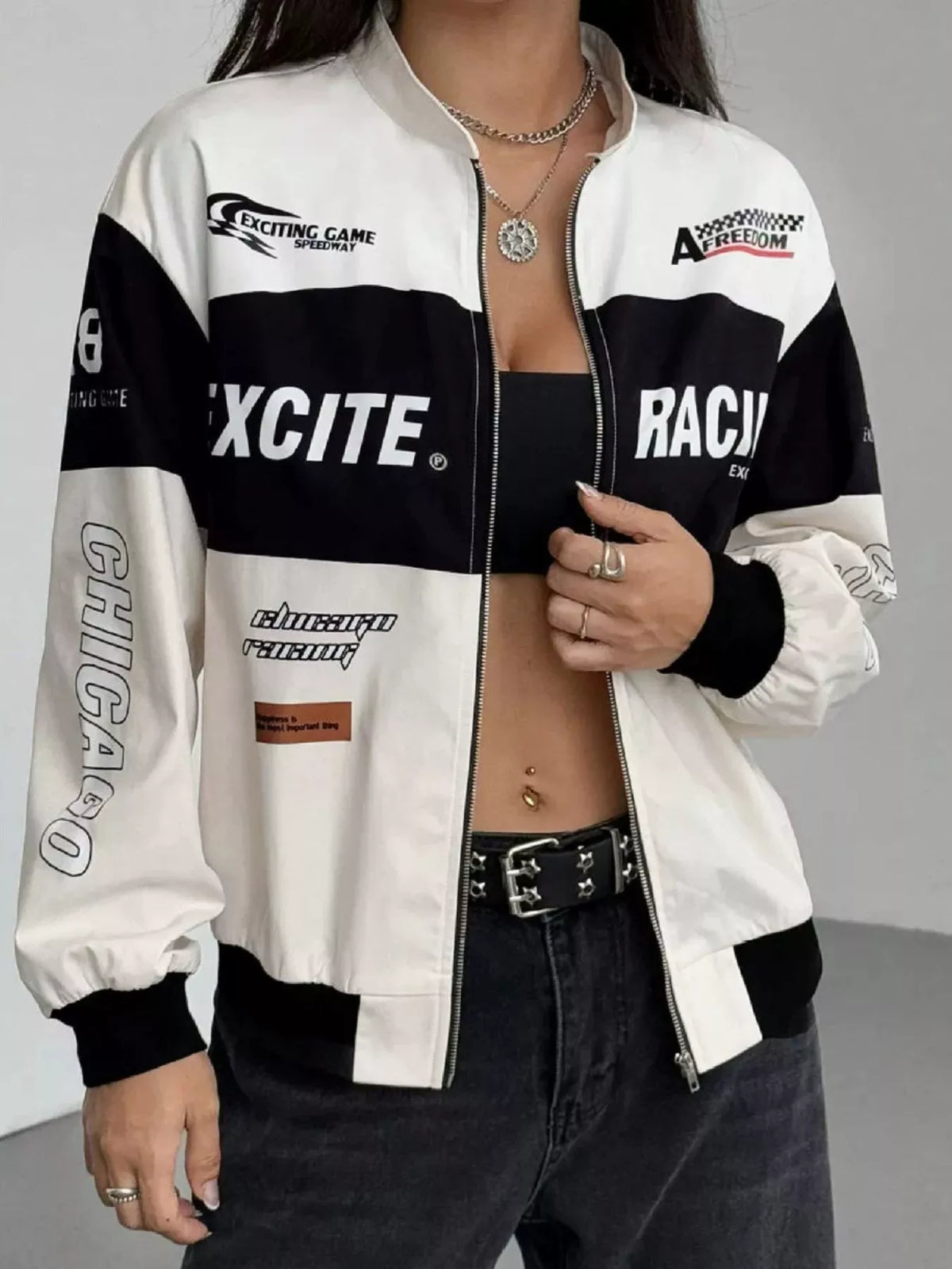 Letter Print Zip Up Jacket - Lilixa.store