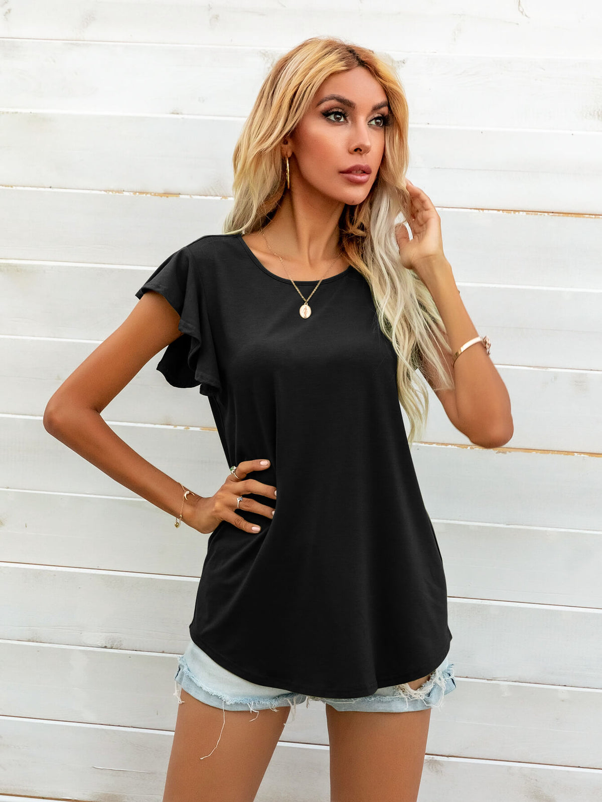 Round Neck Butterfly Sleeve Top - Lilixa.store