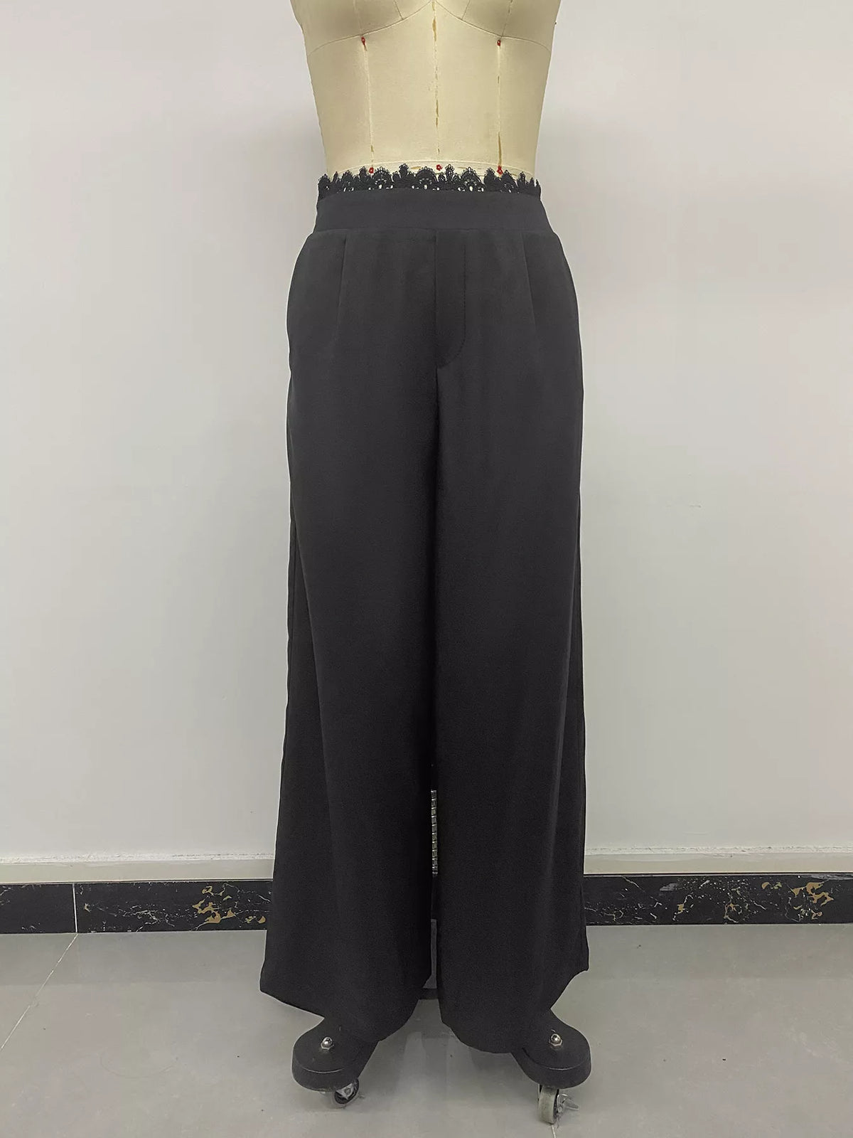 High-Waisted Wide-Leg Lace-Trimmed Pants