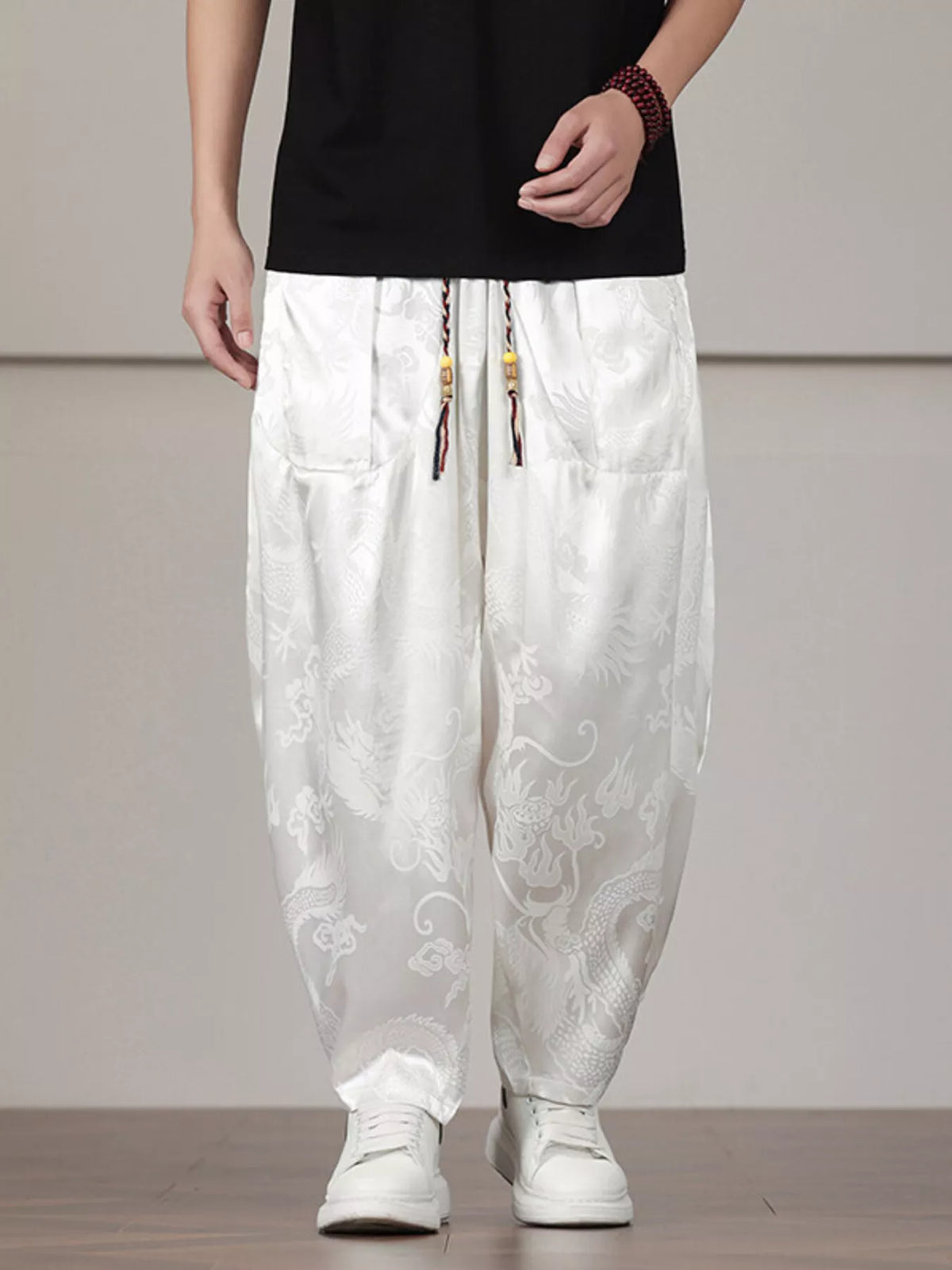 Men's Plus Size Dragon Pattern Harem Pants in White