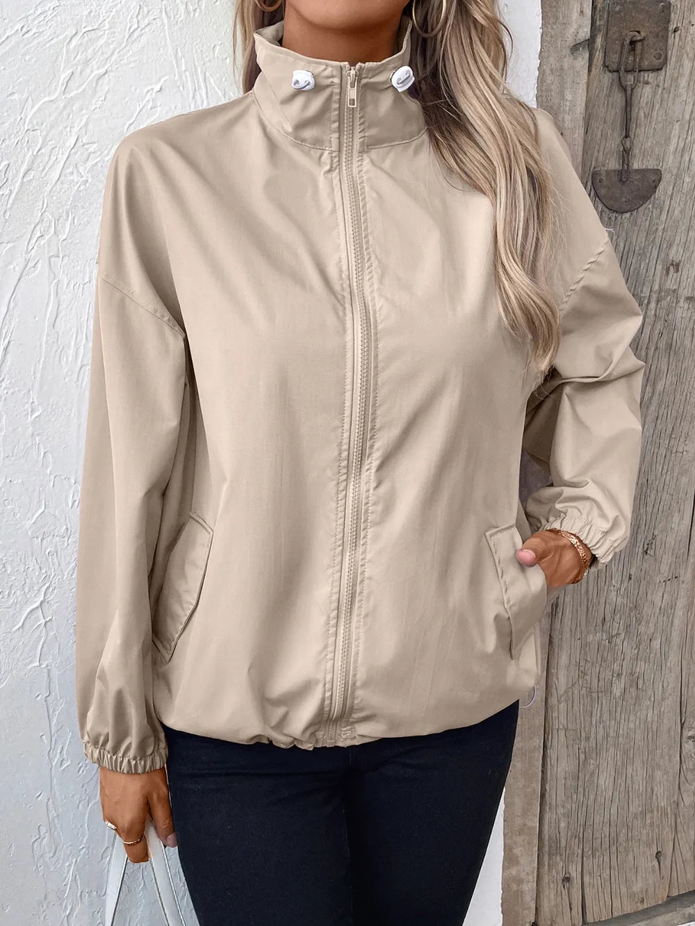 Ivy Lane Pocketed Zip Up Long Sleeve Jacket in Mocha