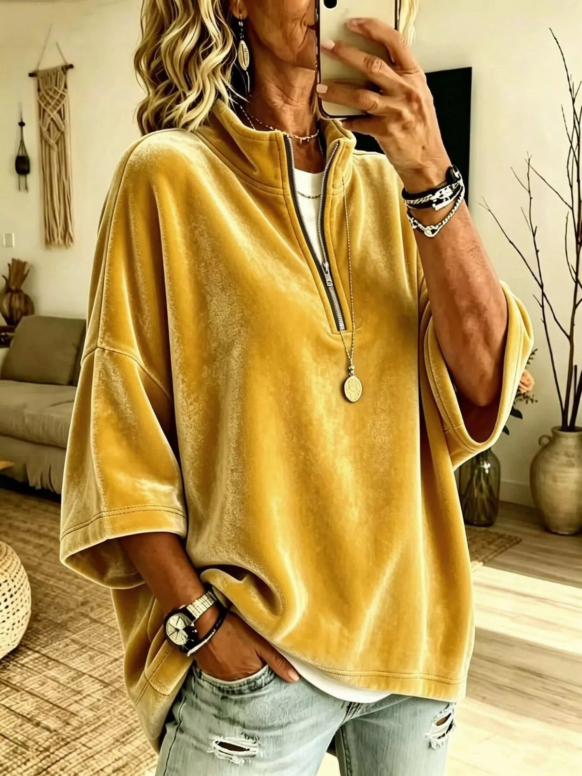 Full Size Velvet Quarter-Zip Sweatshirt Plus Size in Yellow