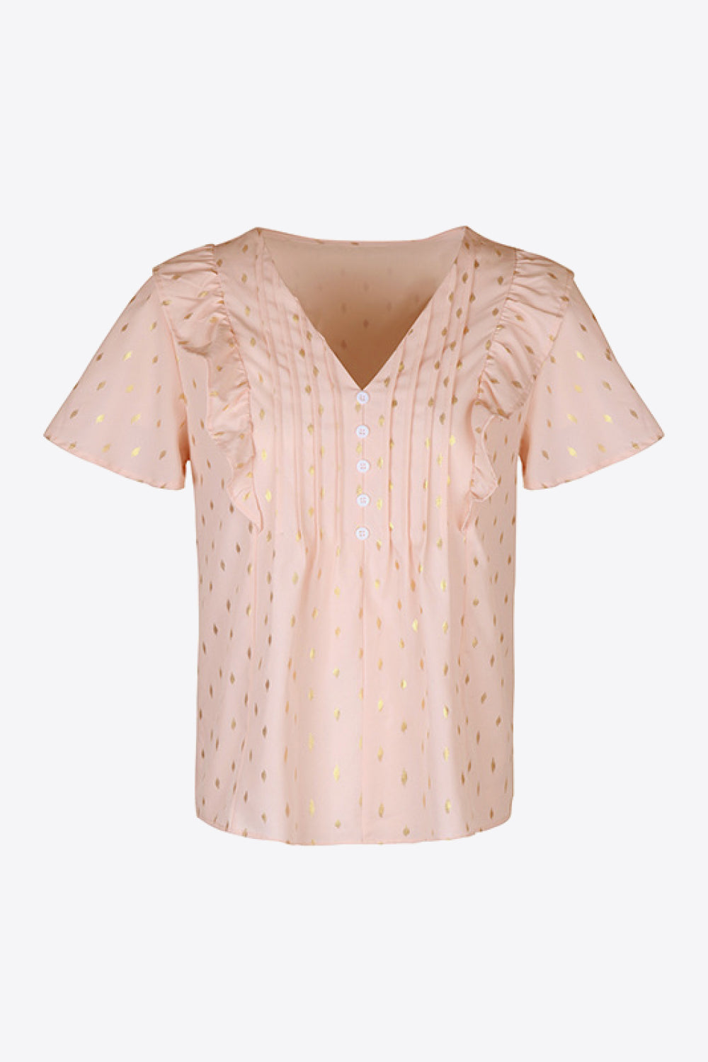 Perfee Printed Ruffle Trim Pleated Detail Blouse in Watermelon pink, view 6