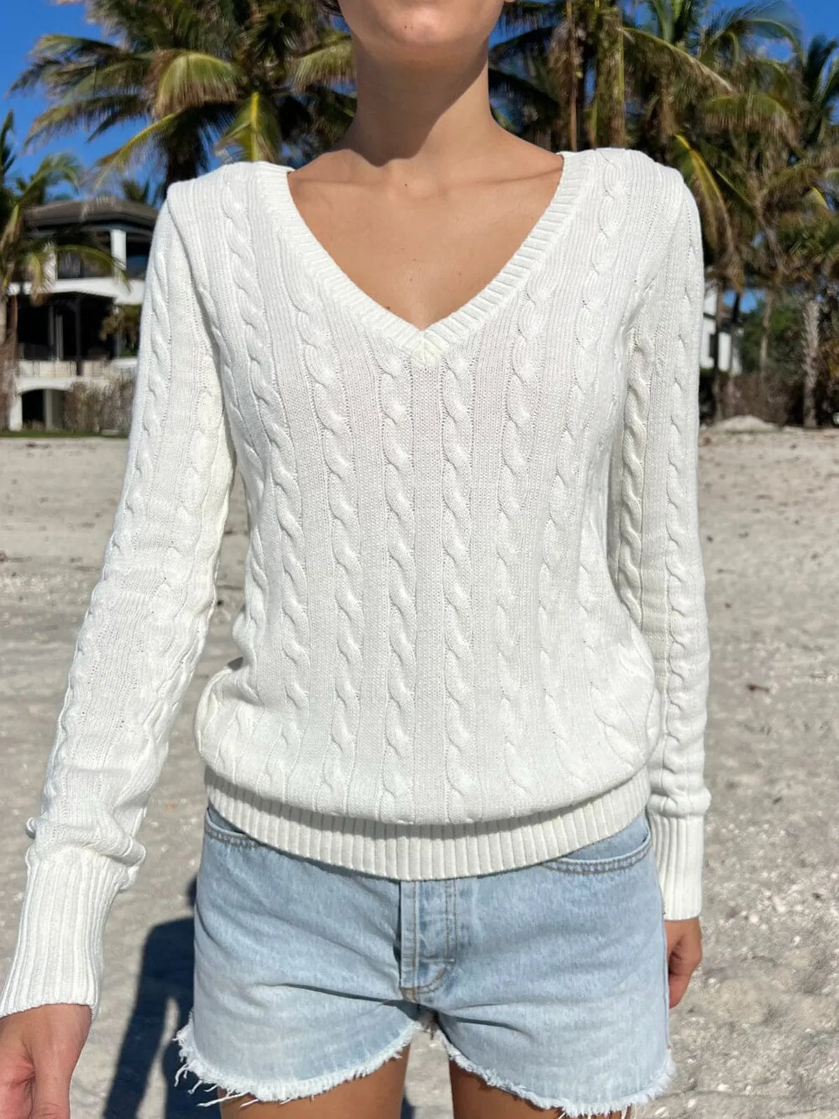 Cable Knit V-Neck Sweater - Lilixa.store