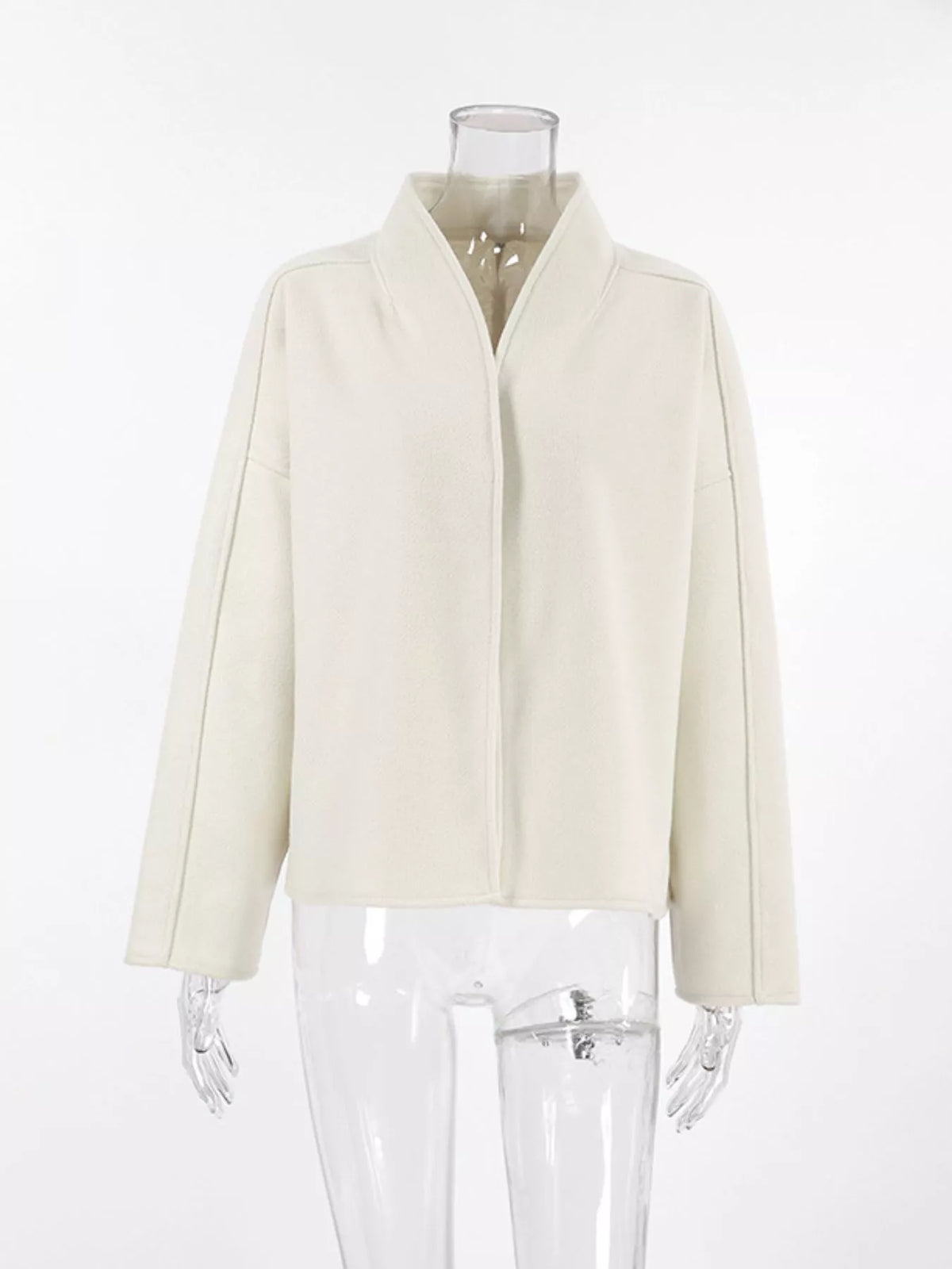 Elegant Stand Collar Open Front Outerwear in White, view 5