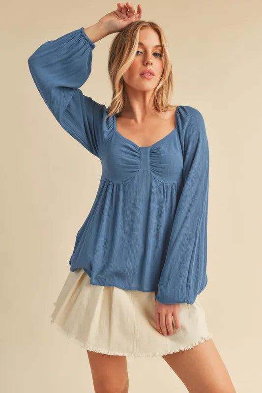 Aemi + Co Ruched Sweetheart Neck Balloon Sleeve Blouse - Lilixa.store