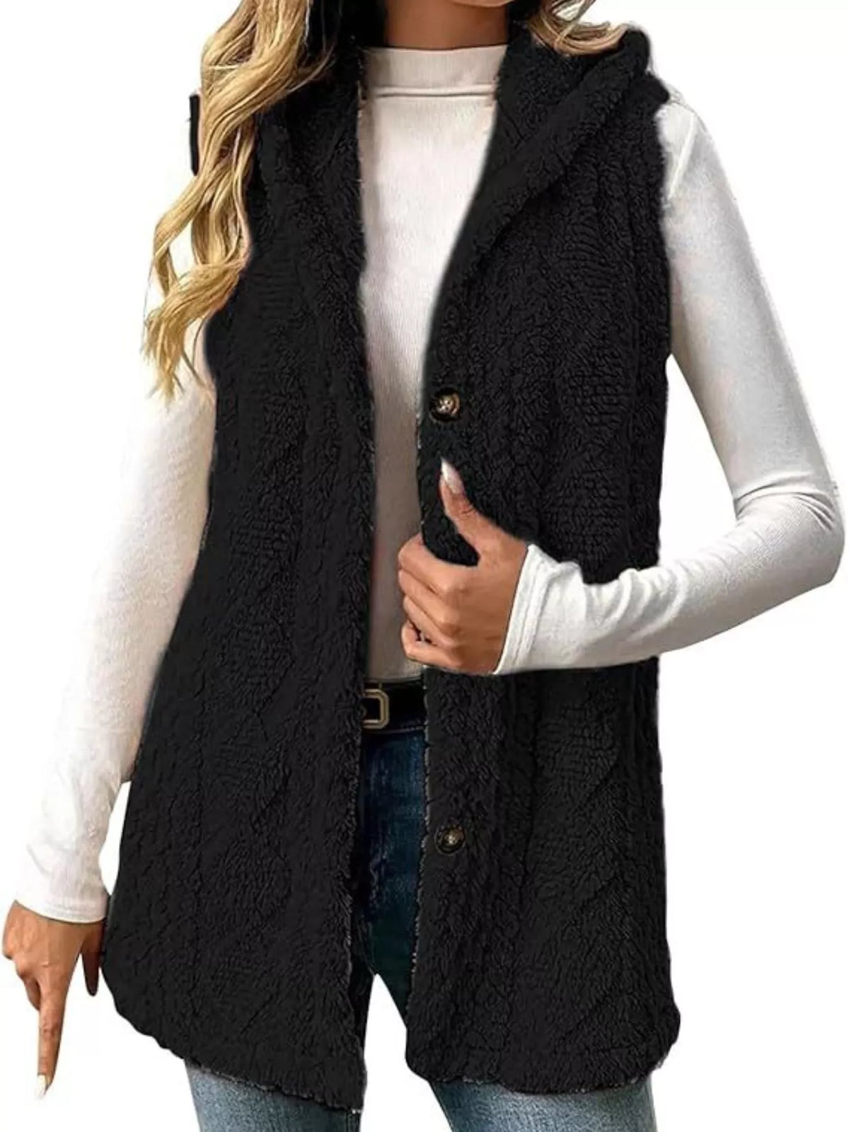 Button-Down Sherpa Hooded Vest Coat - Lilixa.store