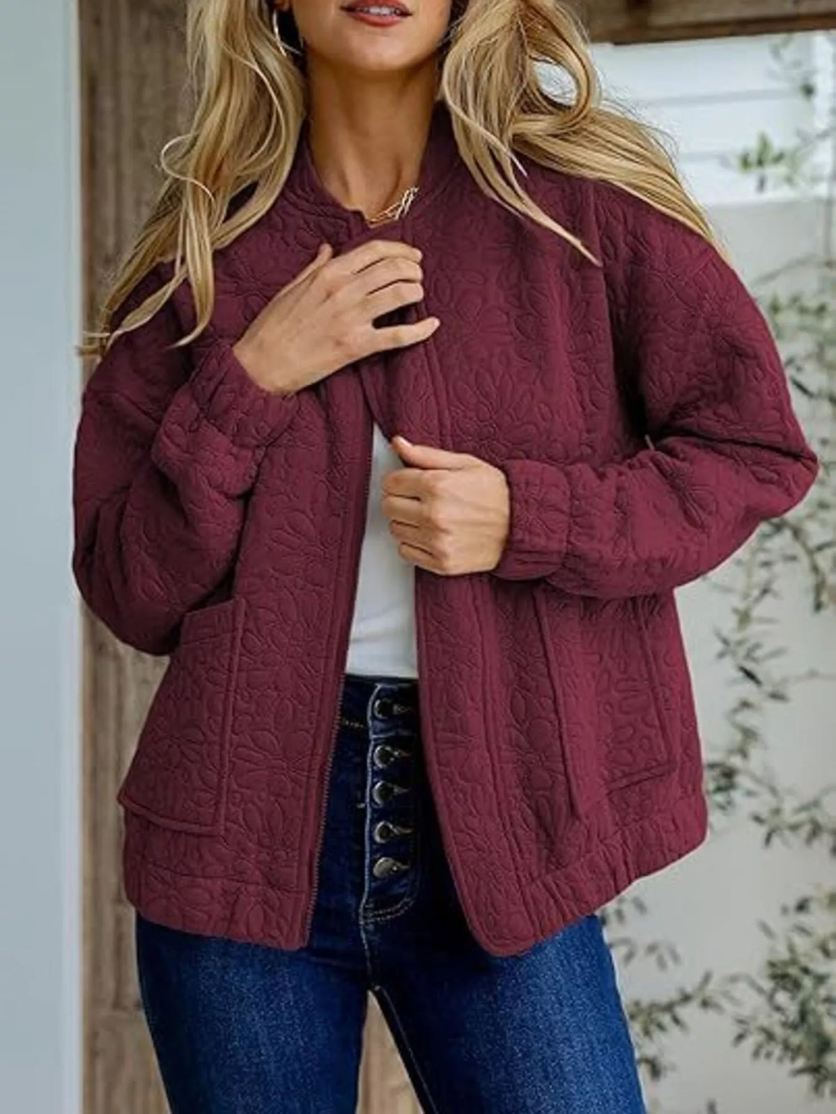 Floral Quilted Zip Up Jacket in Burgundy