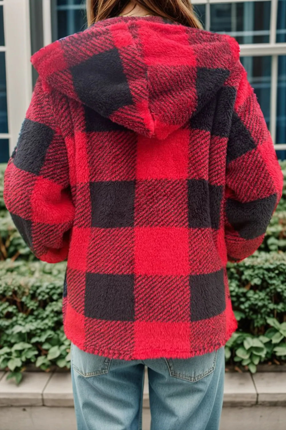 Double Take Full Size Check Fuzzy Sherpa Hooded Zip Up Teddy Winter Coat with Pockets Plus Size - Lilixa.store