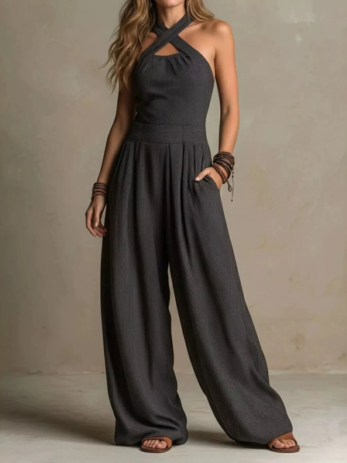 Halter Neck Wide-Leg Jumpsuit with Pockets in Dark Gray