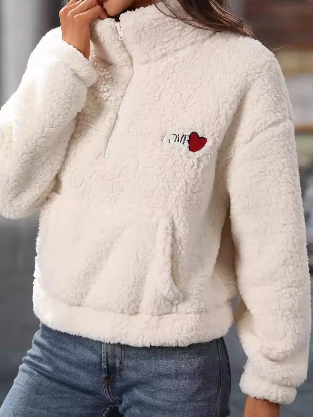 Heart Half Zip Long Sleeve Teddy Sweatshirt - Lilixa.store