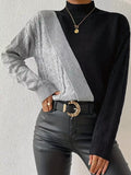 Color Block Cable Knit Mock Neck Sweater - Lilixa.store
