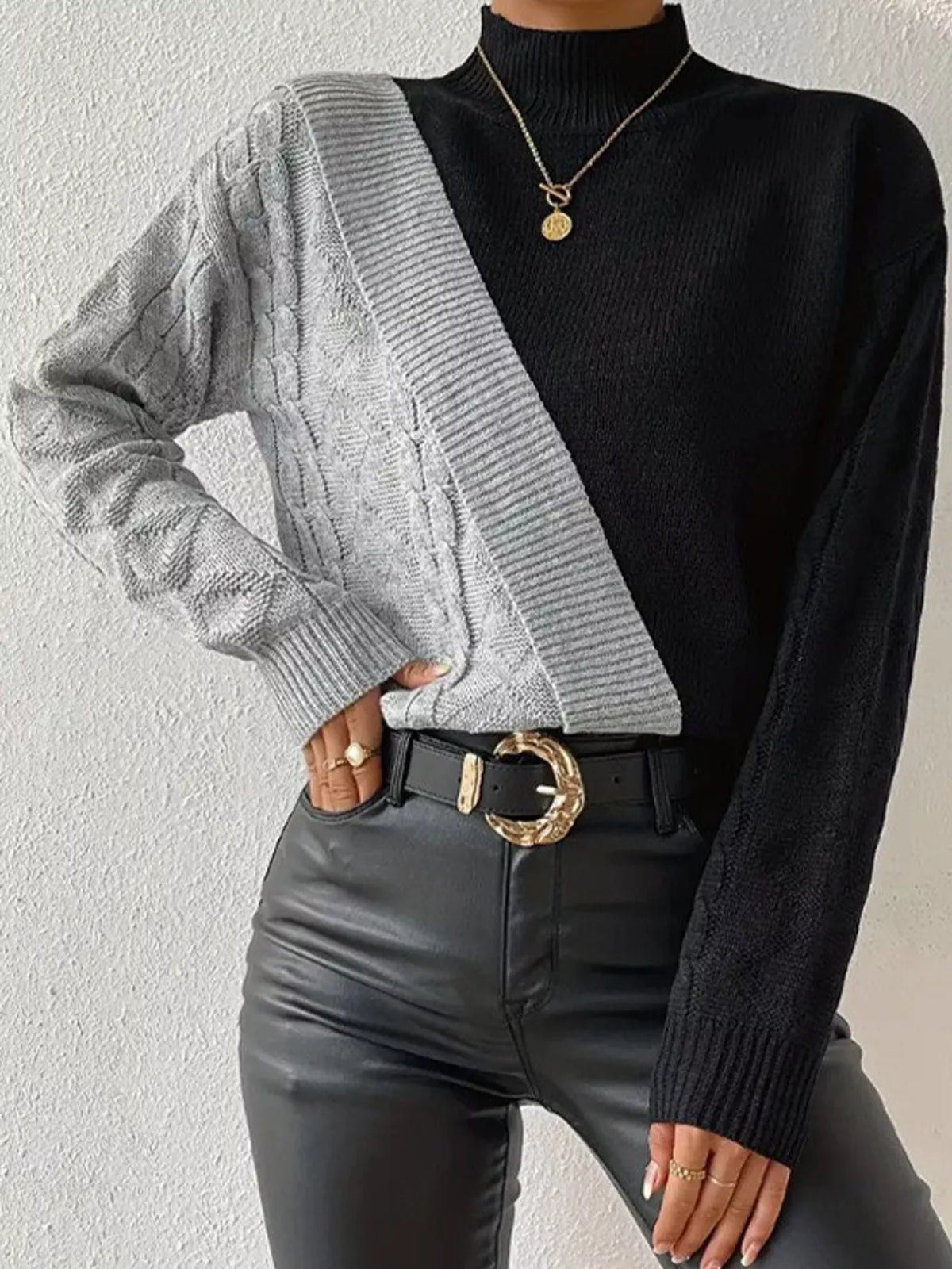Color Block Cable Knit Mock Neck Sweater - Lilixa.store