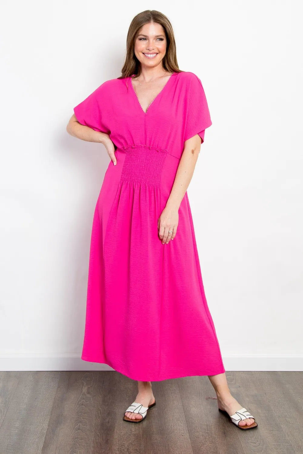 Be Stage Full Size Shirred Front Short Sleeve Maxi Dress - Lilixa.store
