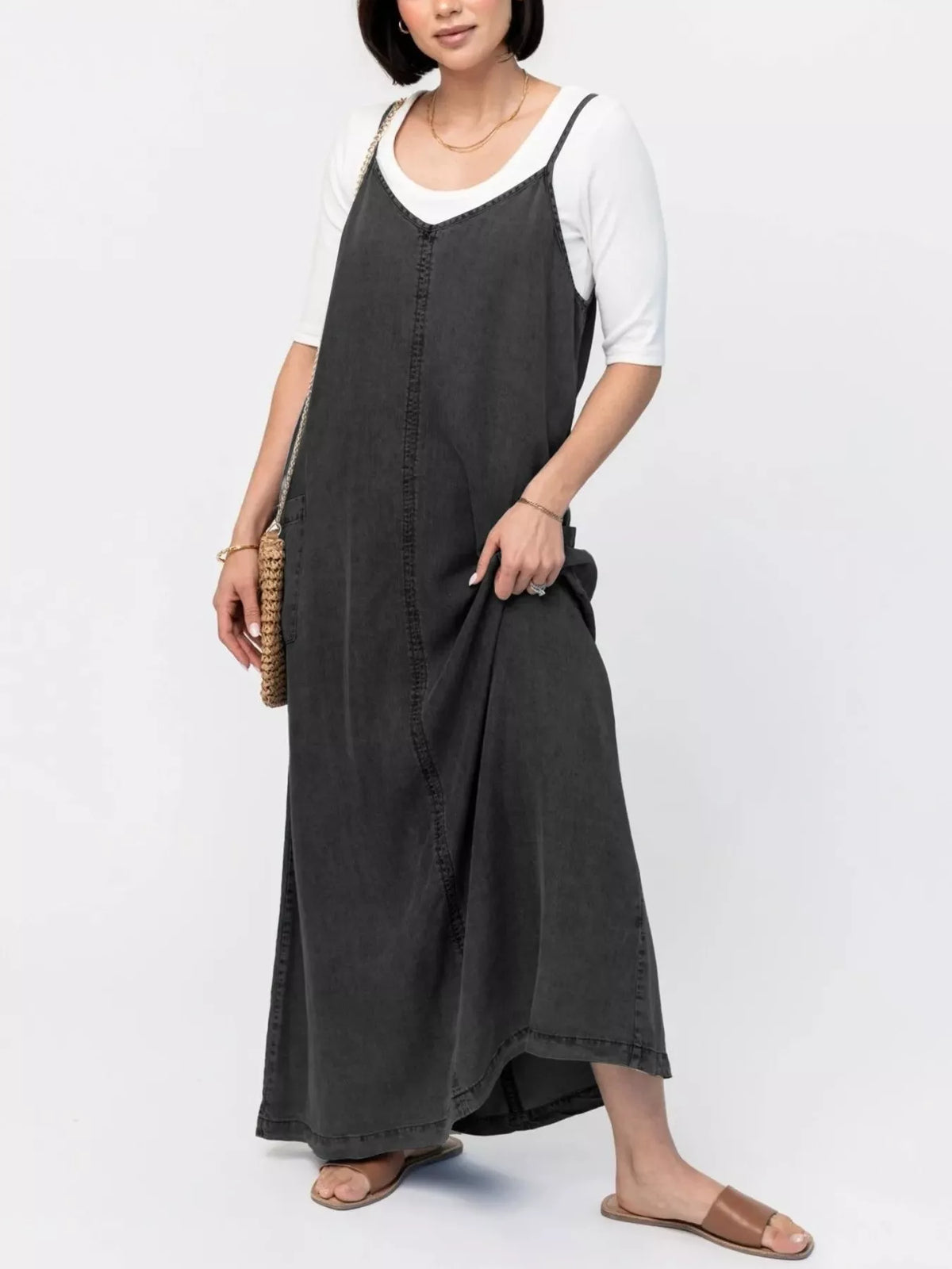Casual Washed Denim Cami Maxi Dress in Black