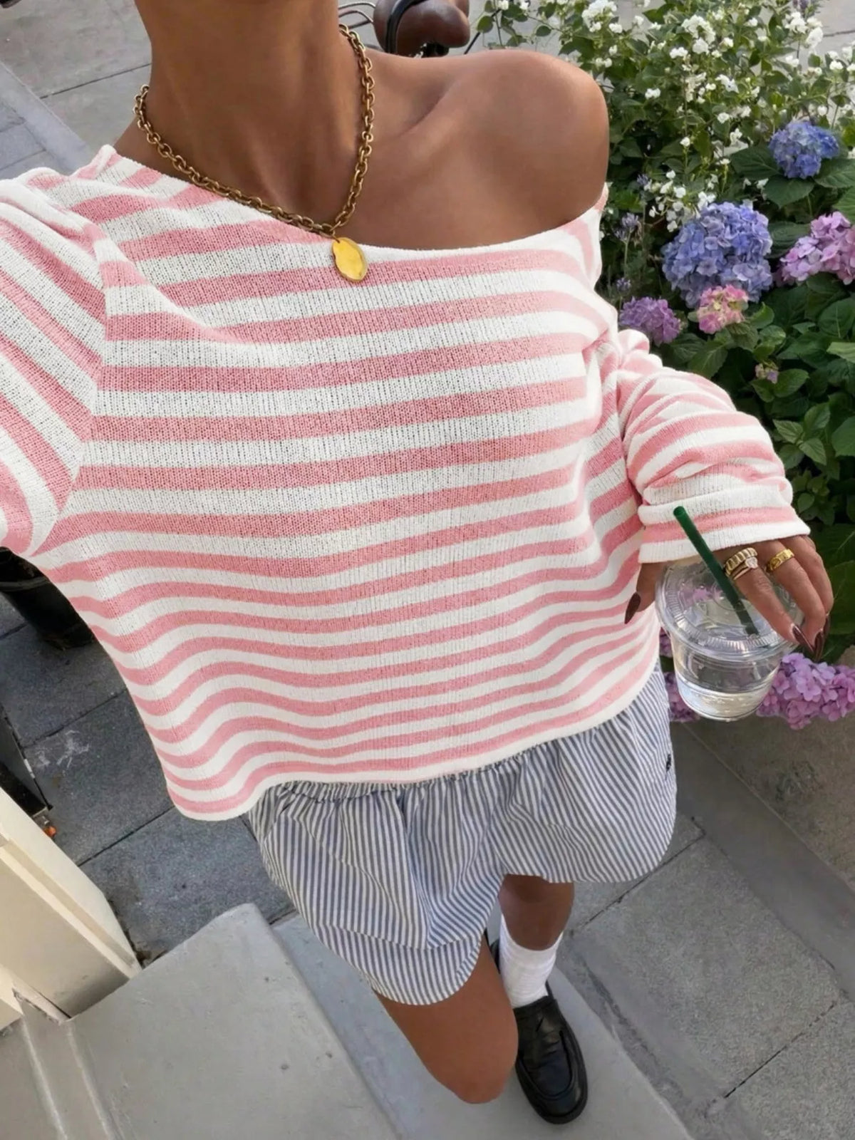 Boat Neck Striped Long Sleeve T-Shirt