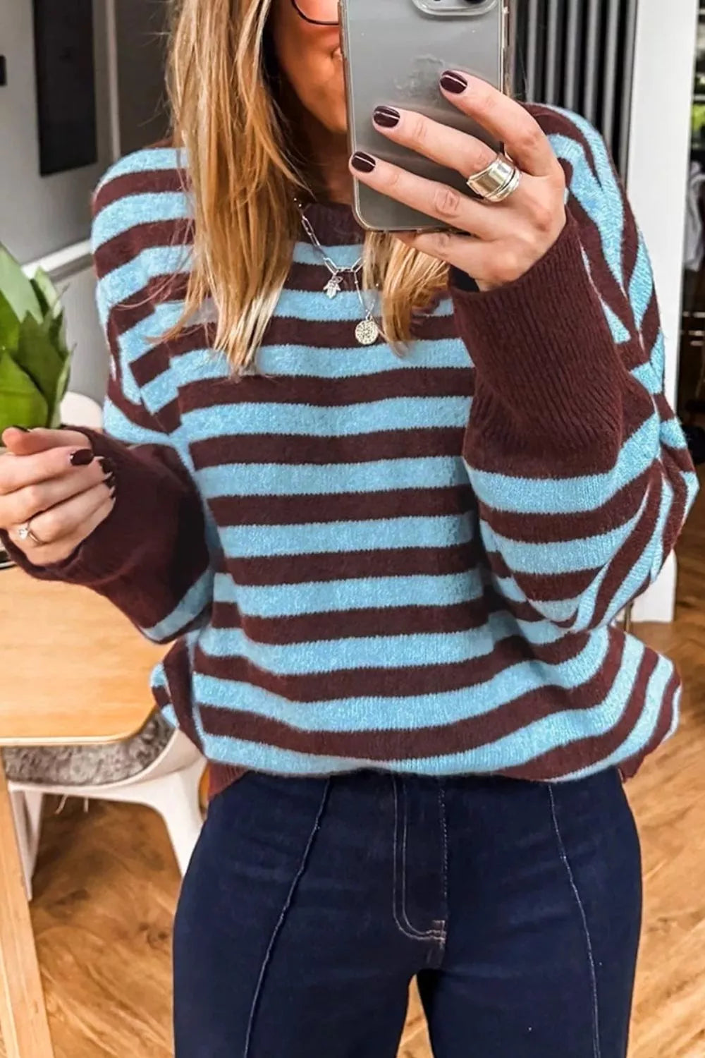 Stripe Color Block Loose Crew Neck Cuffed Sweater