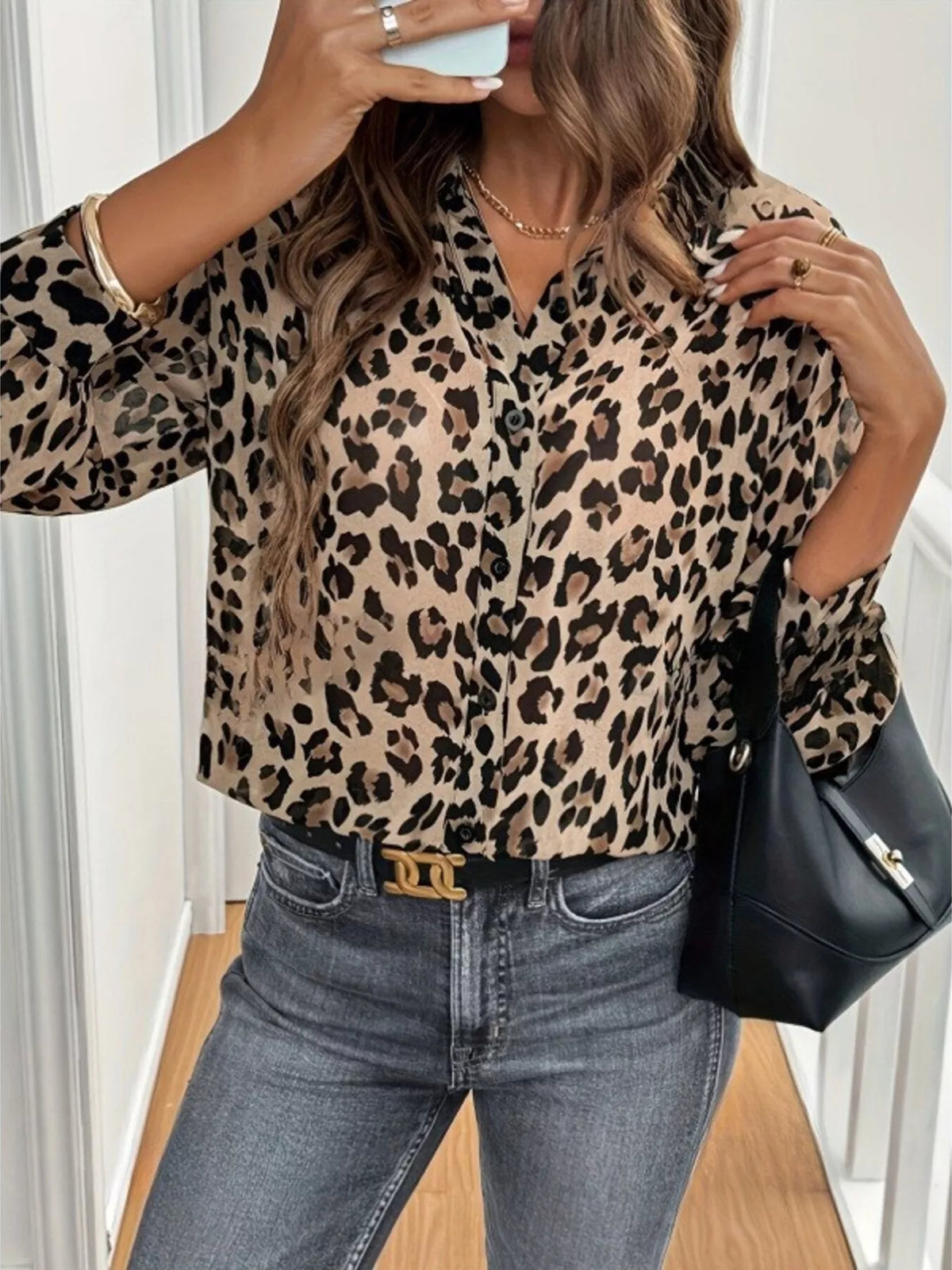 Leopard Print Button-Down Long Sleeve Shirt, view 4