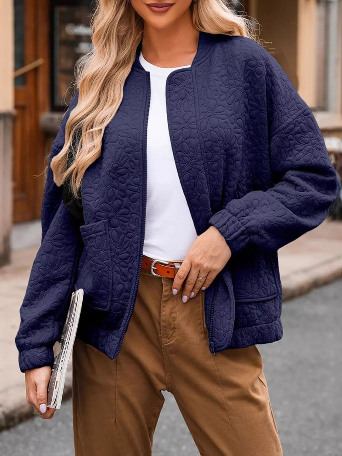 Full Size Floral Quilted Zip Up Jacket Plus Size in Navy Blue