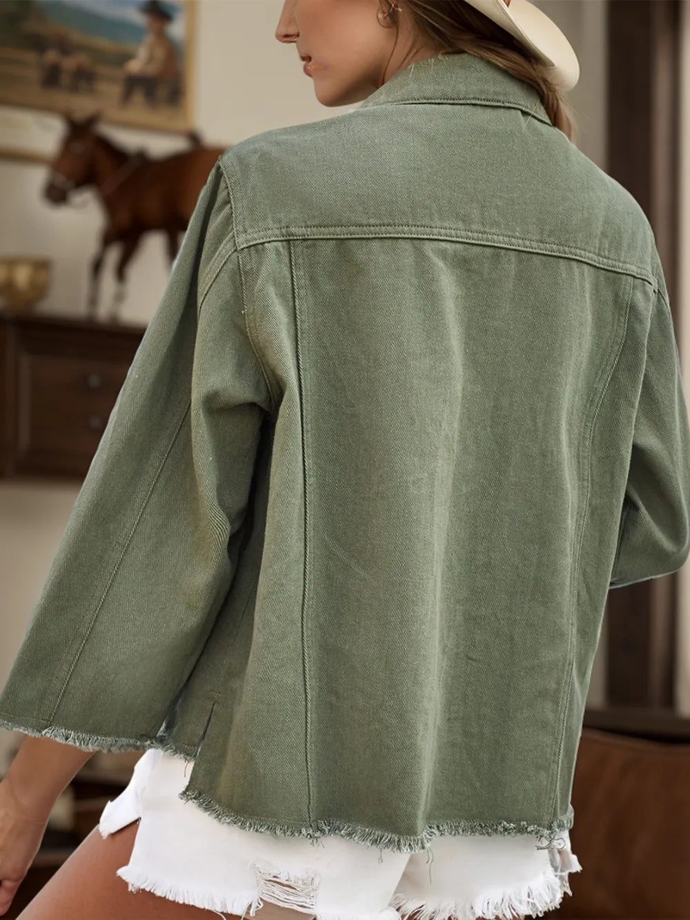 Raw Hem Button Up Denim Jacket in Moss, view 2