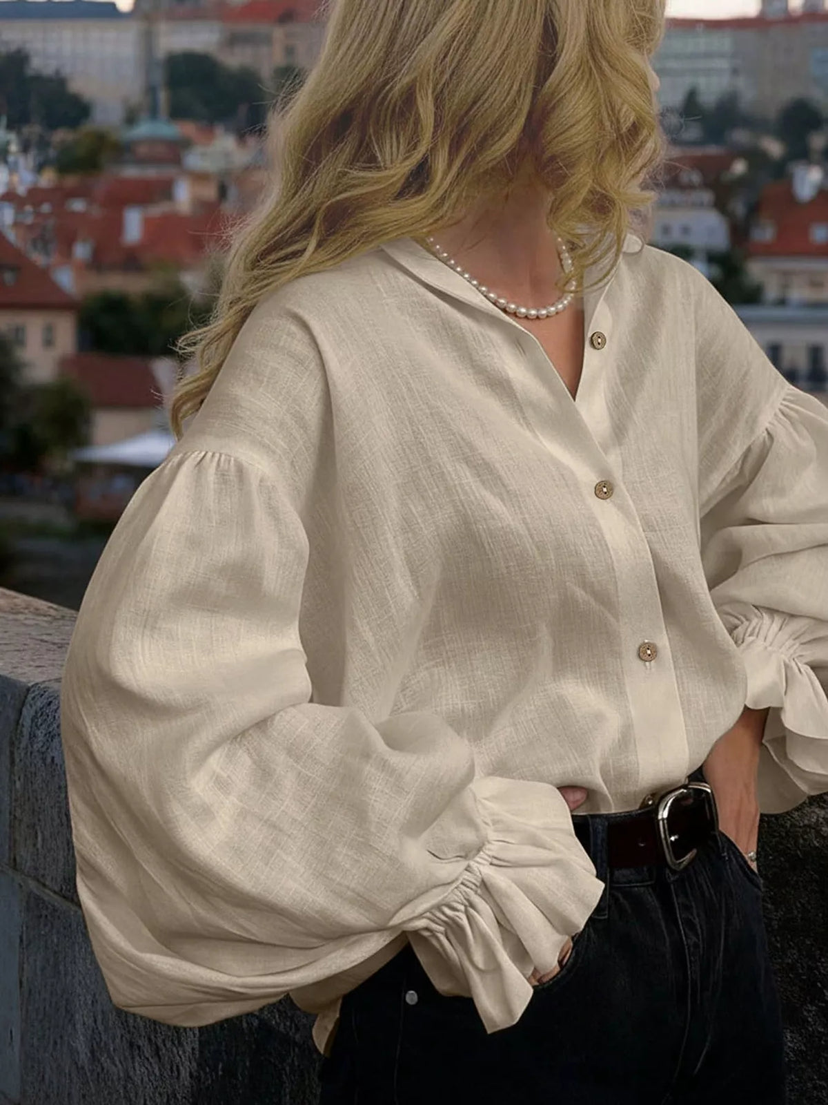 Button Up Flounce Sleeve Shirt in Beige, view 3
