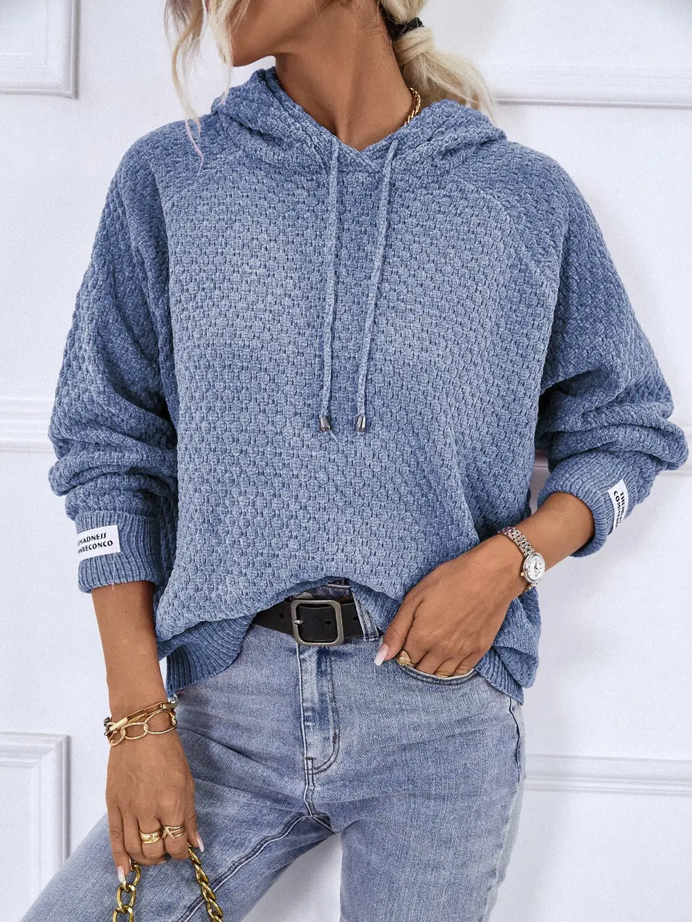 Texture Drawstring Long Sleeve Hooded Sweater, view 7