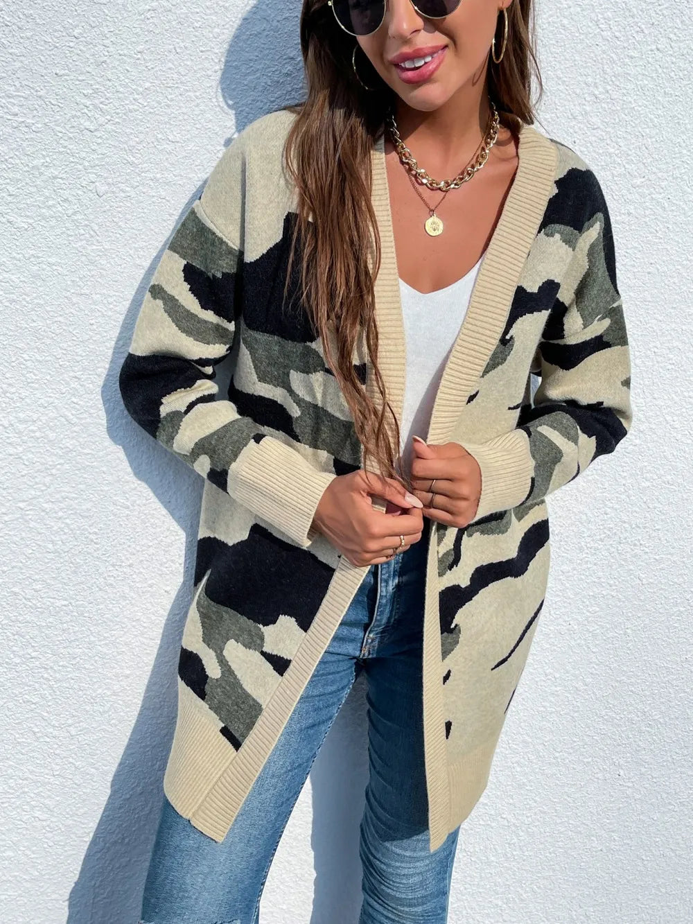 Camouflaged Dropped Shoulder Open Front Cardigan - Lilixa.store