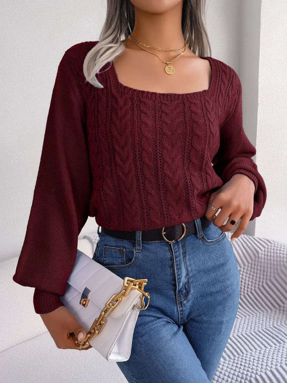 Cable-Knit Square Neck Long Sleeve Sweater in Wine