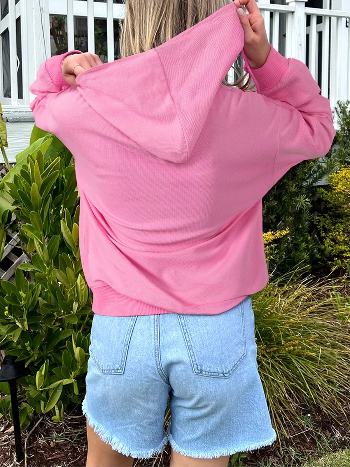 Solid Color Ribbed Zip Up Drawstring Hooded Jacket in Pink, view 2
