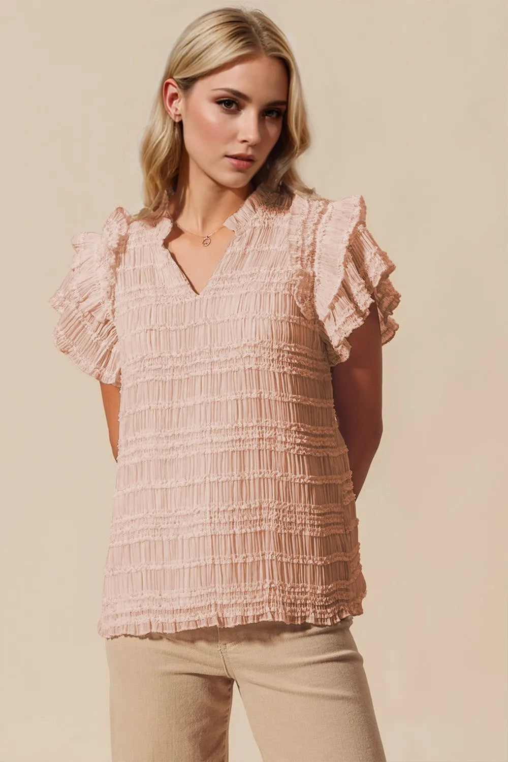 Oh Full Size Frill Notched Flounce Sleeve Blouse in Dust Storm