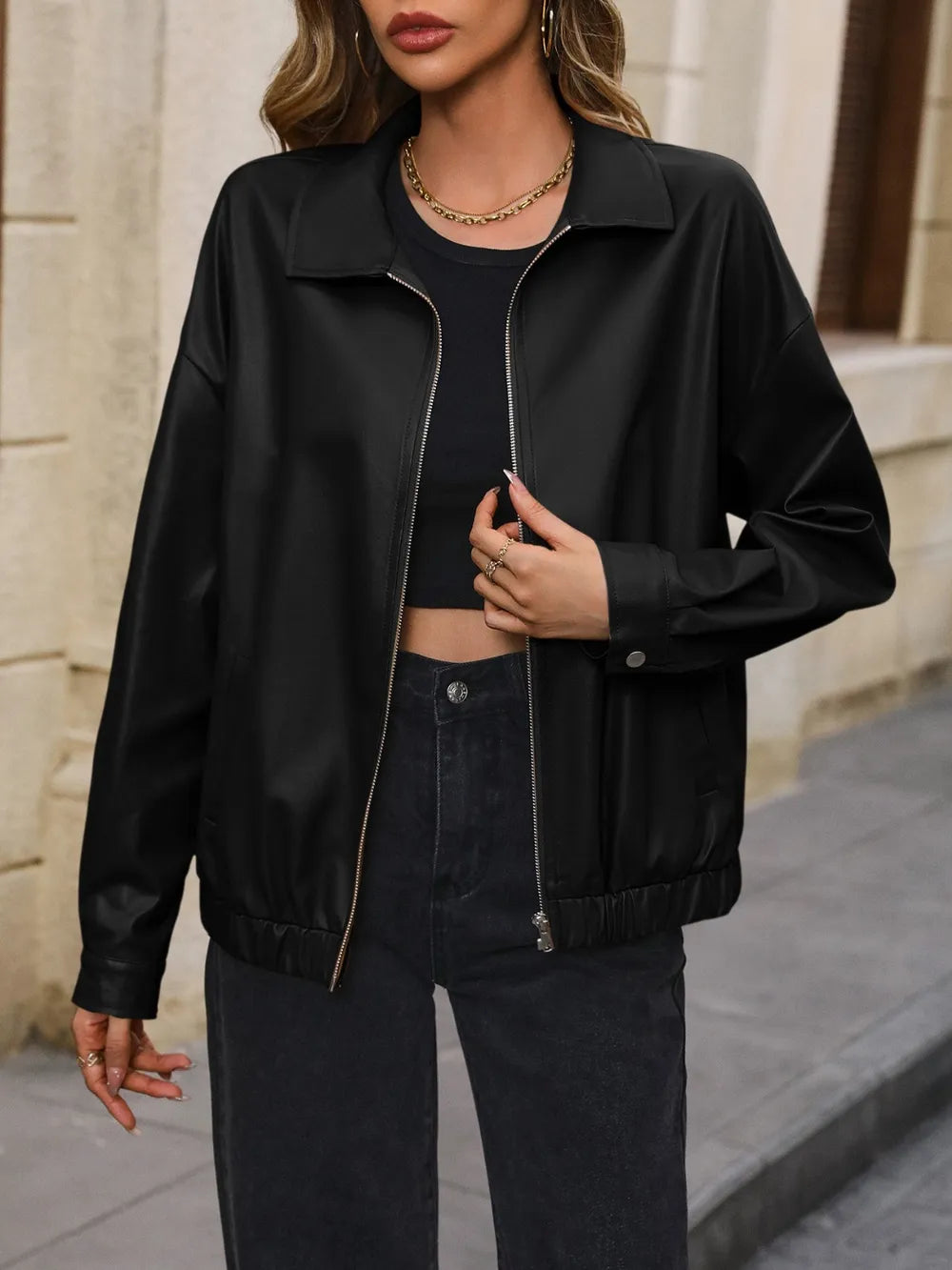 Ivy Lane Pocketed Zip Up Collared Neck Jacket in Black