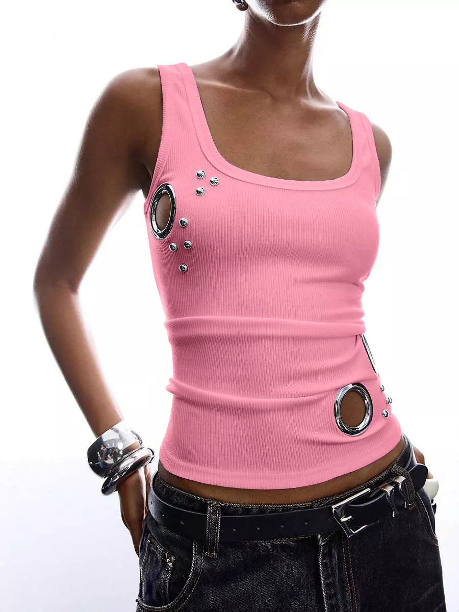 Ribbed Tank Top with Metal Grommet Cutouts and Stud Embellishments - Lilixa.store