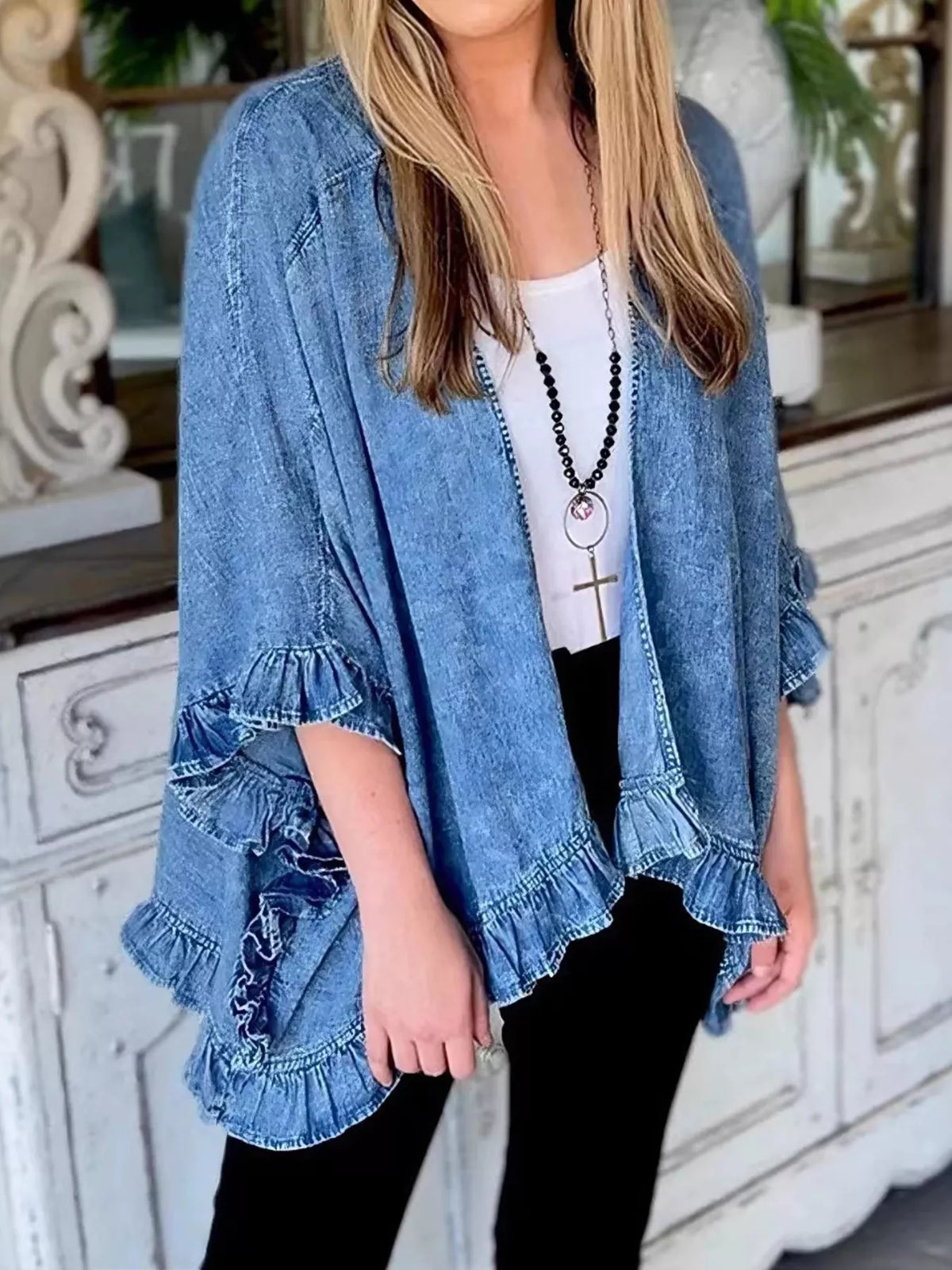 Full Size Ruffled Edge Open Front Denim Jacket Plus Size - Lilixa.store