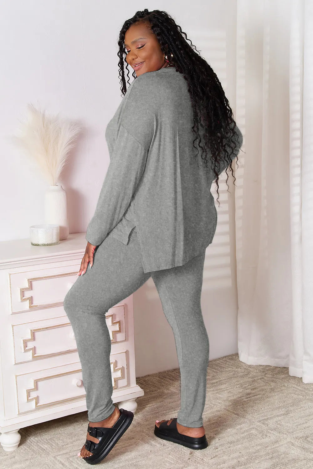 Basic Bae Bamboo Full Size V-Neck Long Sleeve Top and Pants Lounge Set - Lilixa.store