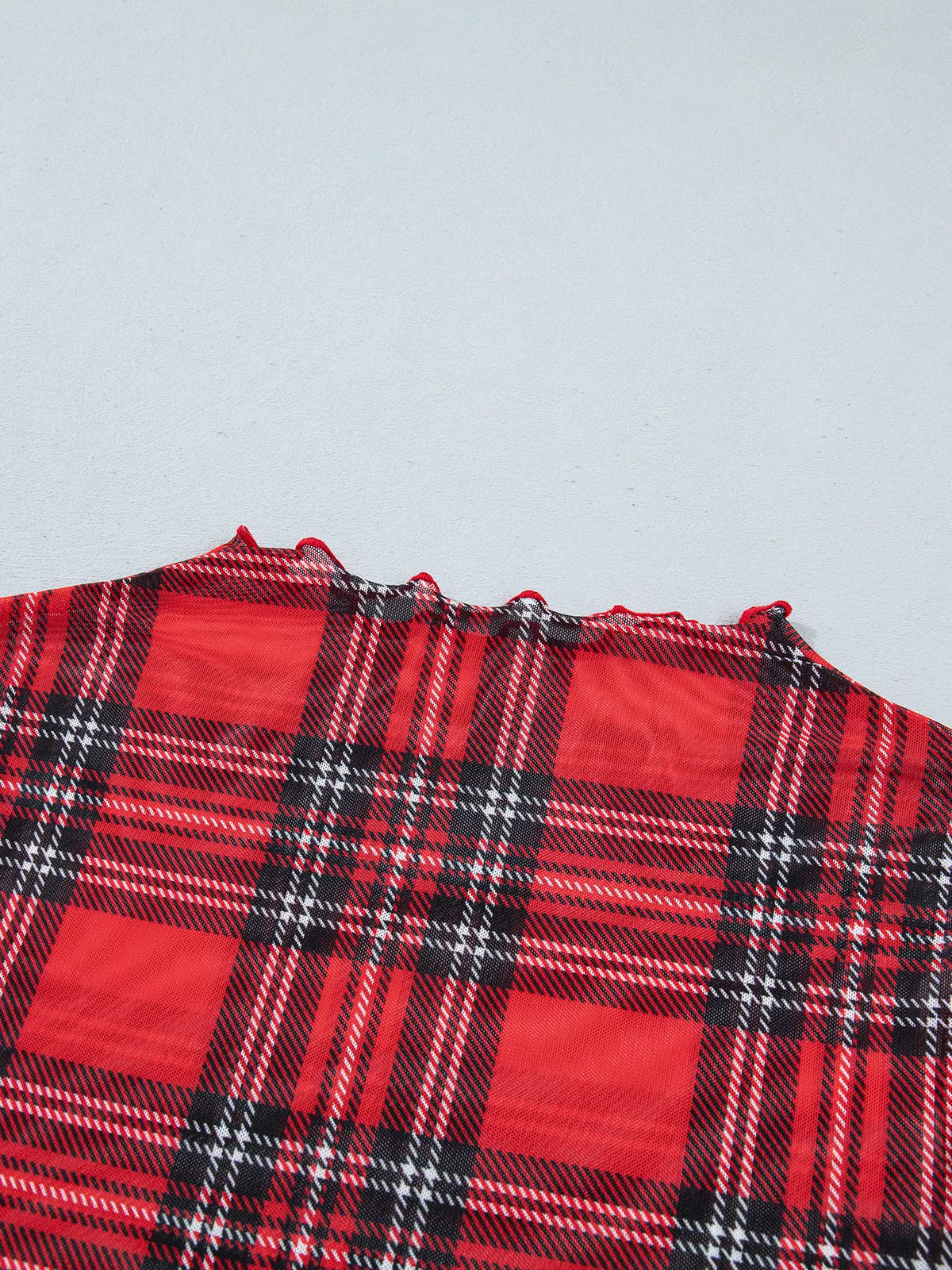 Sheer Plaid Mock Neck Long Sleeve Blouse in Deep Rose, view 8