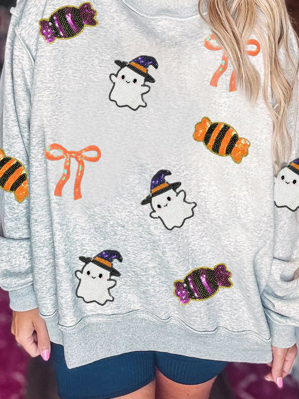 Halloween Sequin Ghost Candy Pullover Graphic Sweatshirt - Lilixa.store