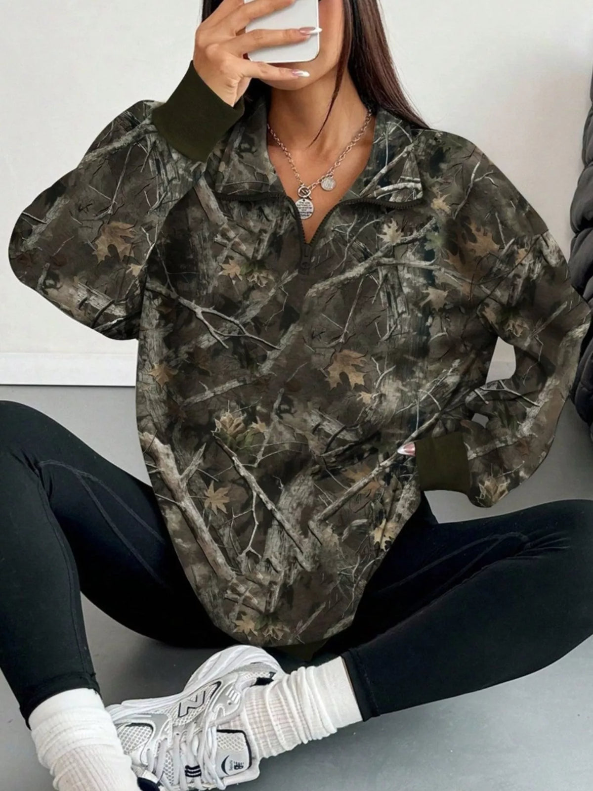 Quarter-Zip Printed Sweatshirt with Ribbed Cuffs - Lilixa.store