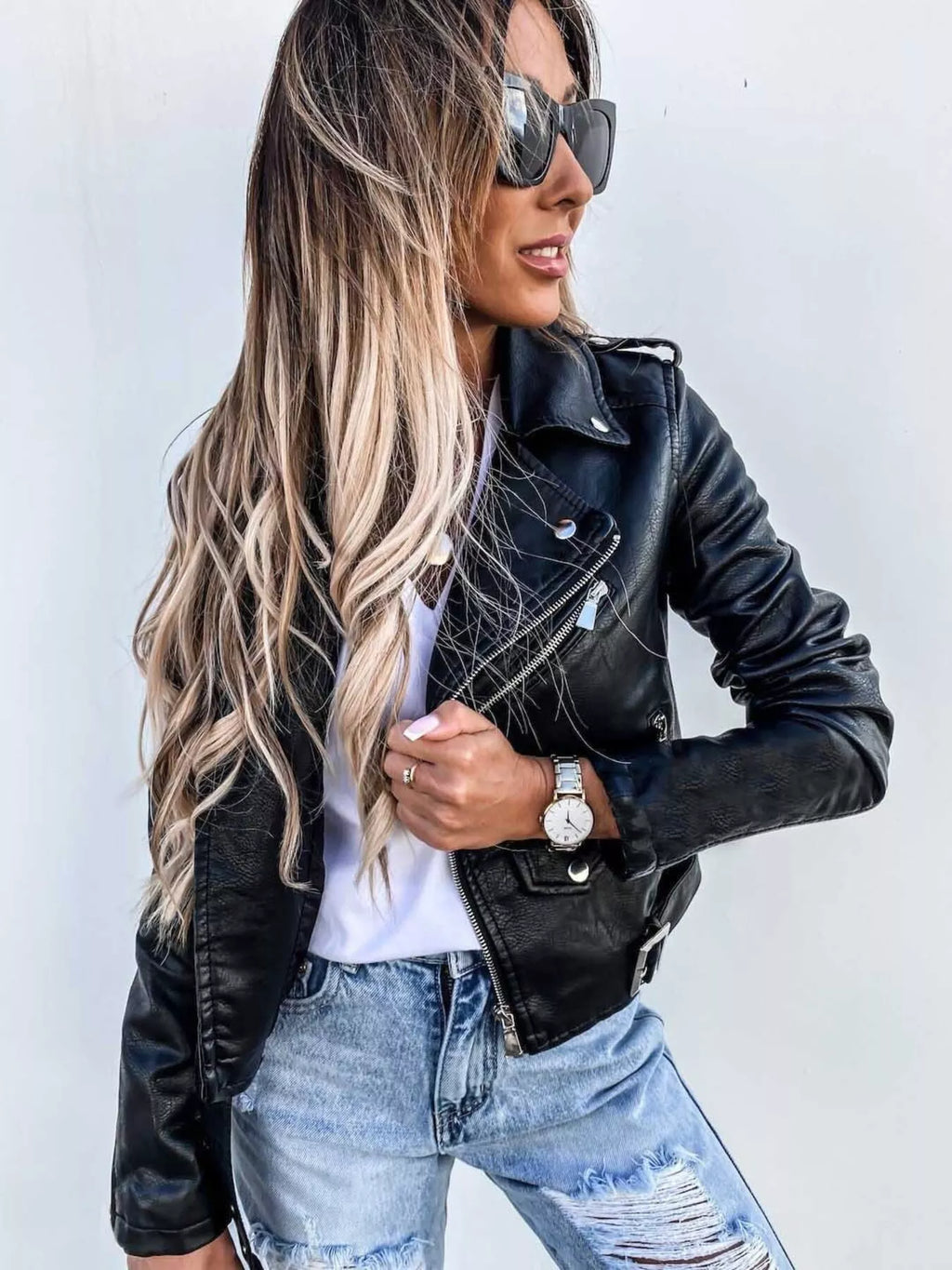 Full Size Zip Up Leather Motorcycle Biker Jacket Plus Size - Lilixa.store