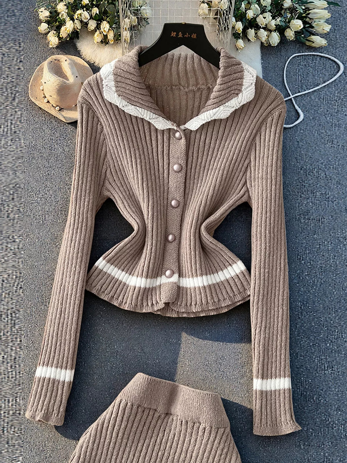Ribbed Knit Cardigan and Skirt Sweater Set - Lilixa.store