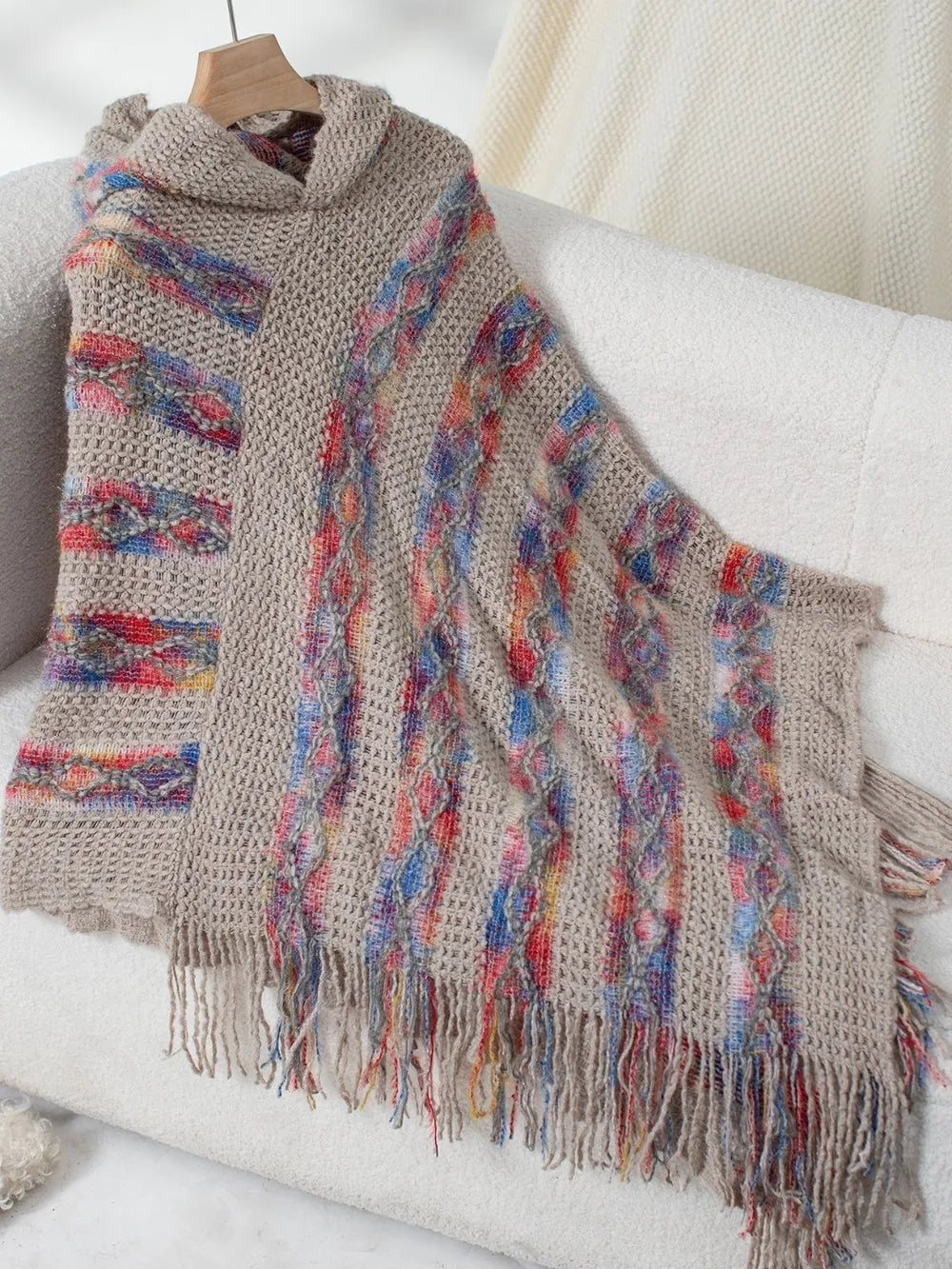 Fringe Contrast Hooded Poncho in Mocha