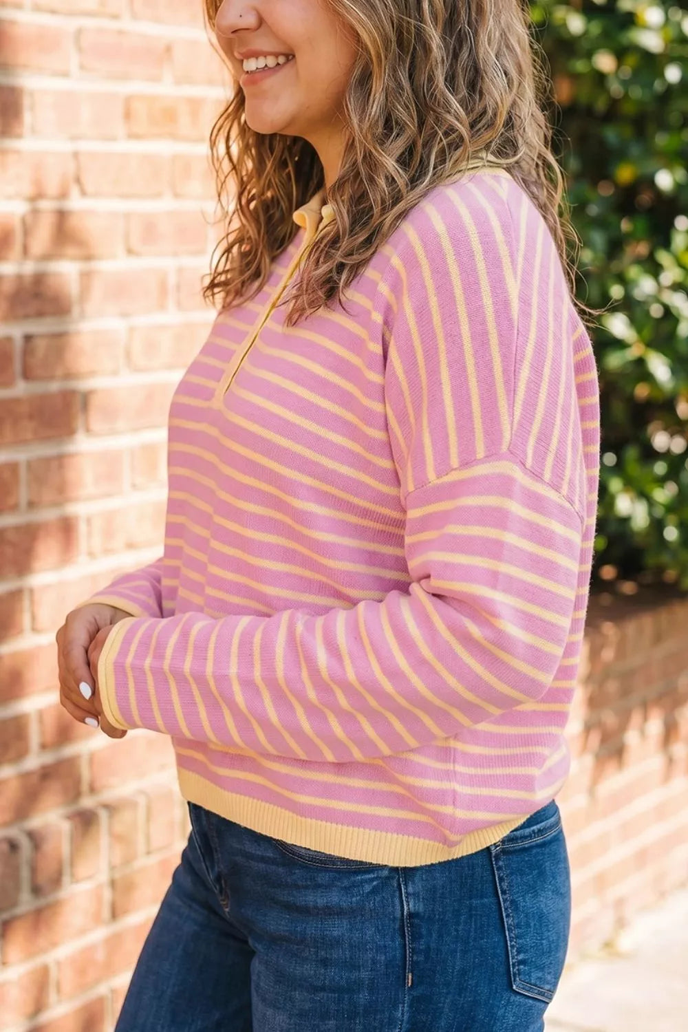 Plus Size Striped Long Sleeve Button Detail Sweater in Dusty Pink, view 5