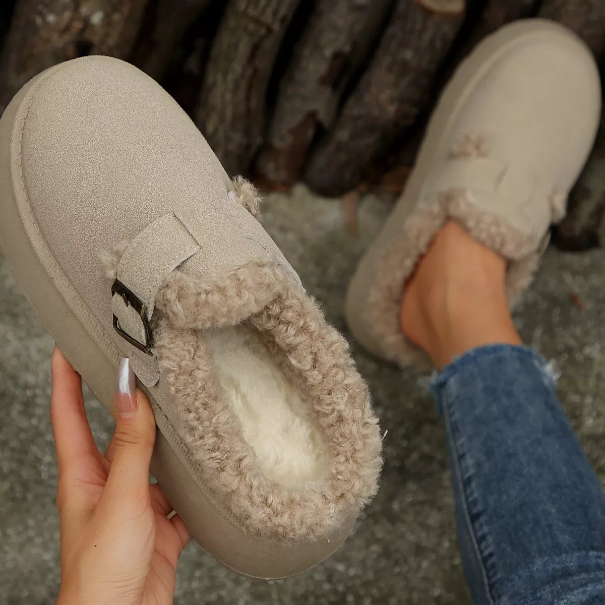 Fuzzy Trim Buckle Platform Slippers - Lilixa.store