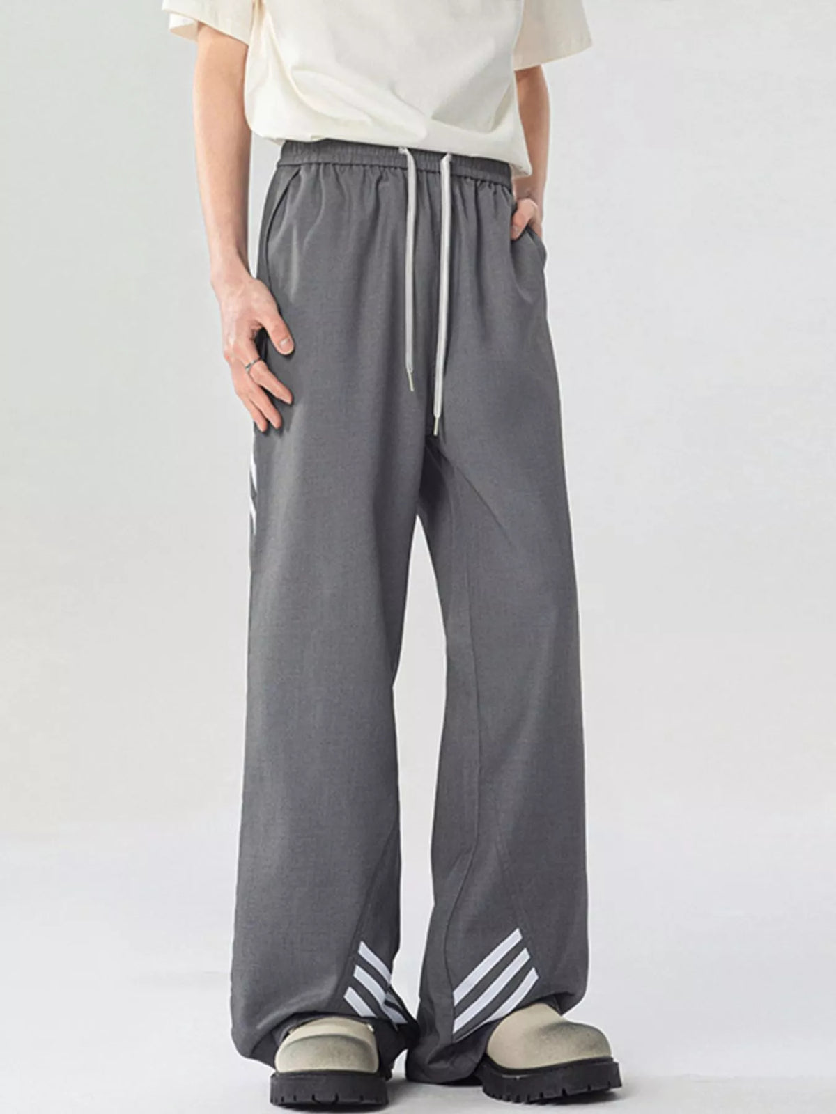 Men's Full Size Wide Leg Striped Casual Pants Plus Size in Black, view 5