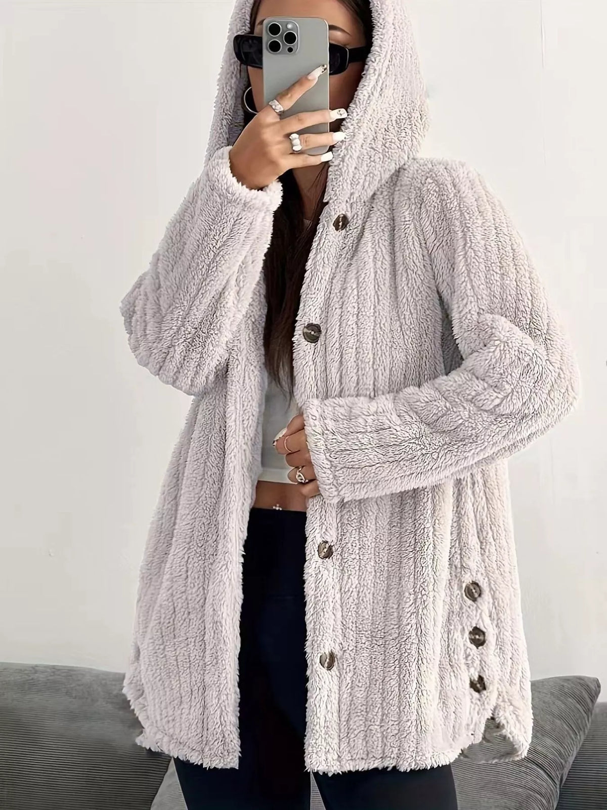 Full Size Fleece Button Up Hooded Outerwear Plus Size in Apricot