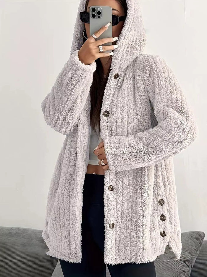 Full Size Fleece Button Up Hooded Outerwear Plus Size in Apricot