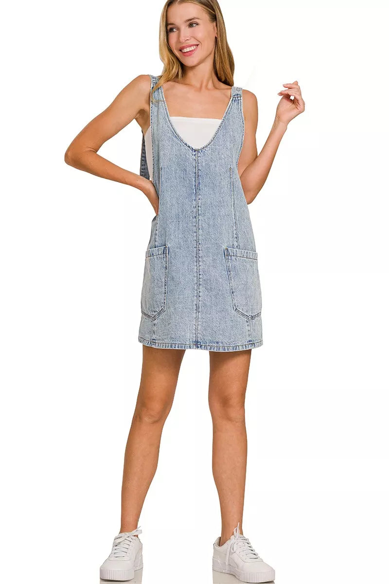 Zenana Denim Overall Dress with Front Pockets, view 6