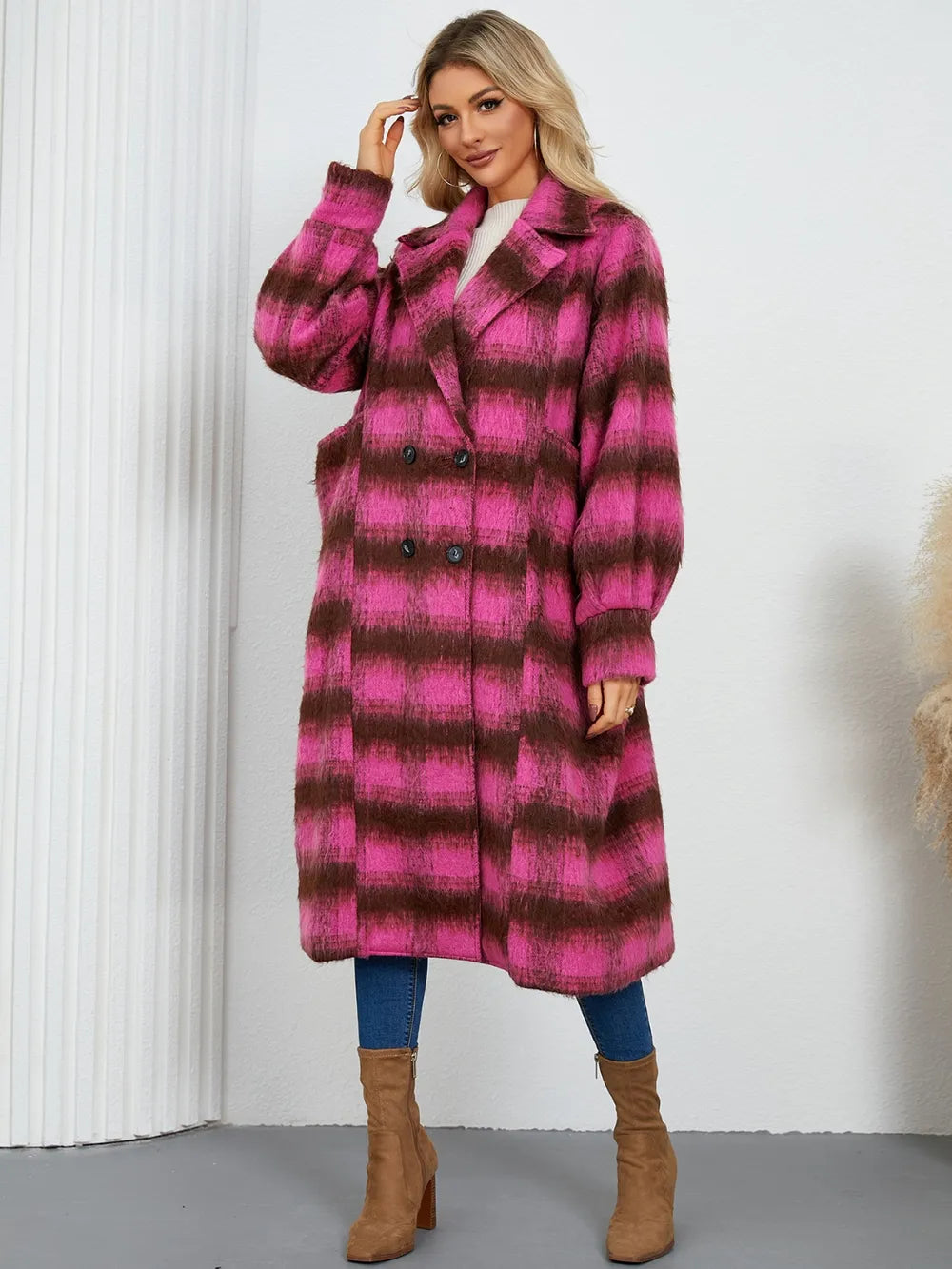 Contrast Double-Breasted Long Sleeve Longline Coat - Lilixa.store