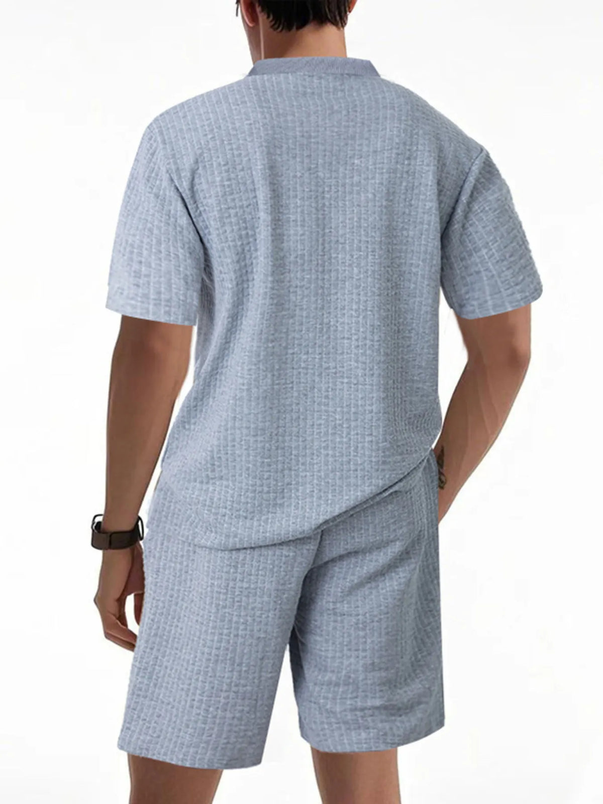 Men's Full Size Textured Round Neck Top and Shorts Set Plus SIze in Light Gray