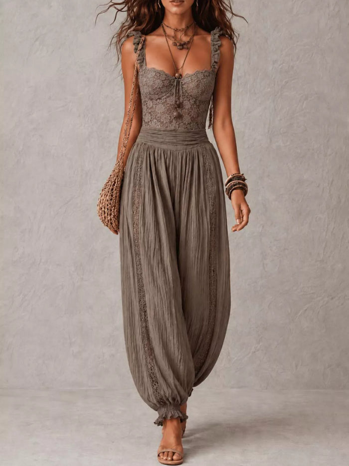 Boho Lace Corset Bodice Jumpsuit with Harem Pants in Dark Gray