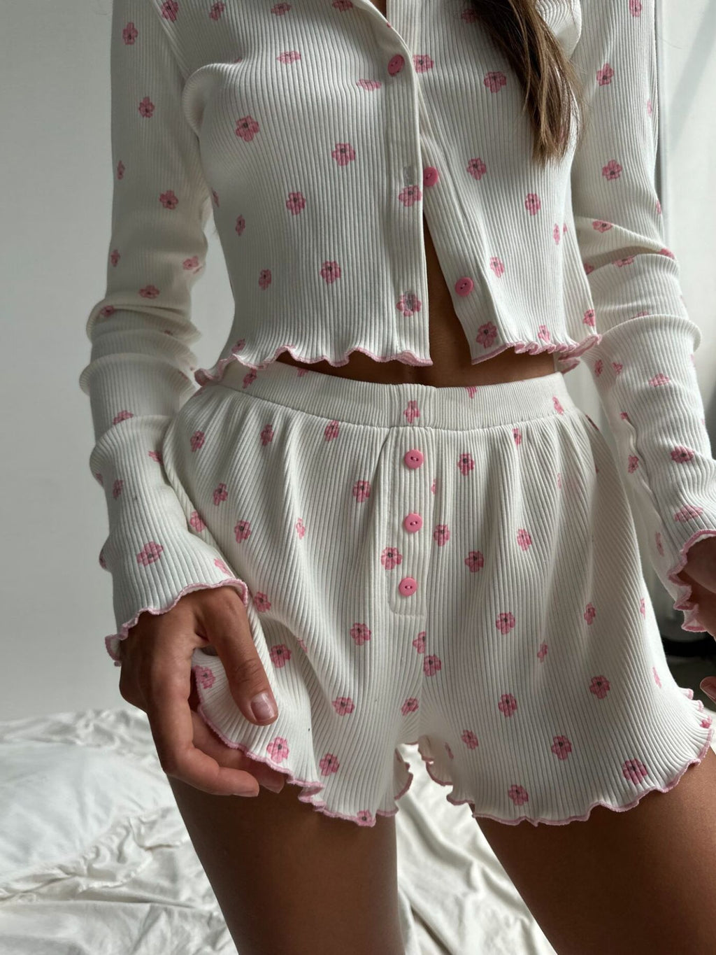 Floral Print Ribbed Knit Top and Shorts Lounge Set - Lilixa.store